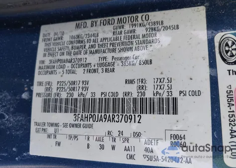 2010 Ford Fusion Sel из США, поврежденный, VIN 3FAHP0JA9AR370912